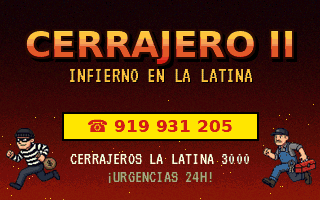 Animación al estilo de los videojuegos de los 90: un cerrajero en primera persona abre con un destornillador una puerta cerrada, un ladrón sale huyendo y aparece el cartel «Cerrajero II: Infierno en La Latina» con el teléfono 919 931 205